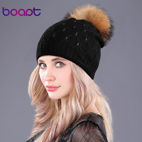 [boapt] diamond crystal double-deck knited rabbit hats women's winter cap female hat natural raccoon fur pompons caps beanies