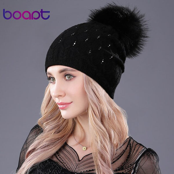 [boapt] diamond crystal double-deck knited rabbit hats women's winter cap female hat natural raccoon fur pompons caps beanies