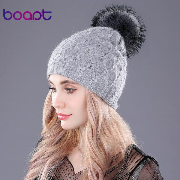 [boapt] diamond crystal double-deck knited rabbit hats women's winter cap female hat natural raccoon fur pompons caps beanies