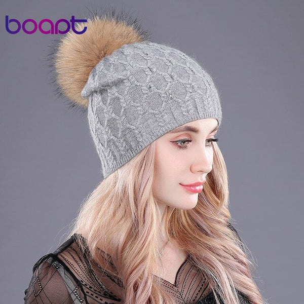 [boapt] diamond crystal double-deck knited rabbit hats women's winter cap female hat natural raccoon fur pompons caps beanies