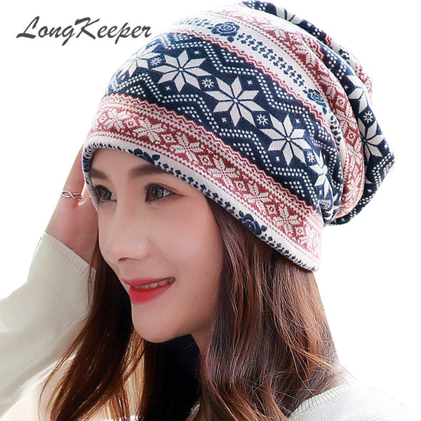 LongKeeper New Women Hat Polyester Adult Casual Snowflake Women's Hats Spring Autumn Female Cap Scarf Fashion Beanies