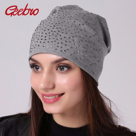 Geebro Brand Women's Rhinestones Slouchy Beanie hat Spring Casual Plain Color Cotton Hat For Women Bonnet Female Skull Beanies