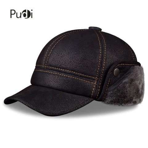 Pudi Men's Scrub Genuine Leather baseball caps hats Faux fur Winter Warm ear flap Hat / Cap black brown camel HL083