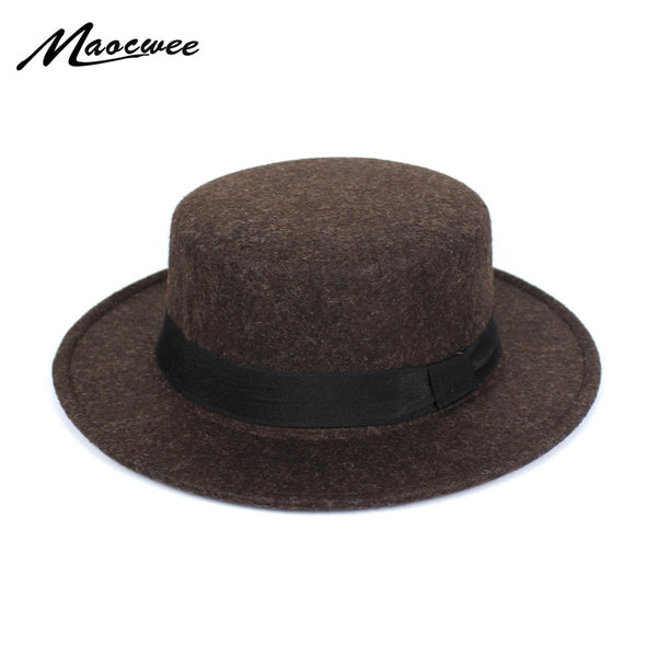 New Fashion Wool Pork Pie Boater Flat Top Hat For Women's Men's Felt Wide Brim Fedora Gambler Hat Chapeu Feltro Bowler Top Hat