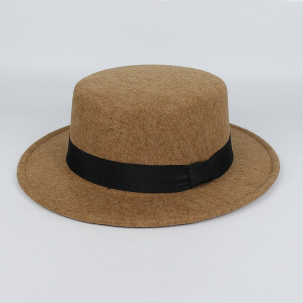 New Fashion Wool Pork Pie Boater Flat Top Hat For Women's Men's Felt Wide Brim Fedora Gambler Hat Chapeu Feltro Bowler Top Hat