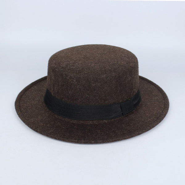 New Fashion Wool Pork Pie Boater Flat Top Hat For Women's Men's Felt Wide Brim Fedora Gambler Hat Chapeu Feltro Bowler Top Hat