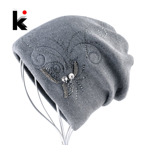 Women's Winter Knitted Wool Beanie Ladies Elegant Embroidery Jewelry Hats For Women Warm Knitting Skullies Beanies Female Bonnet