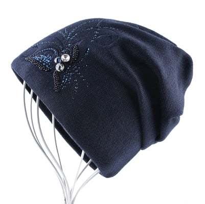 Women's Winter Knitted Wool Beanie Ladies Elegant Embroidery Jewelry Hats For Women Warm Knitting Skullies Beanies Female Bonnet