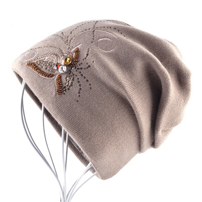 Women's Winter Knitted Wool Beanie Ladies Elegant Embroidery Jewelry Hats For Women Warm Knitting Skullies Beanies Female Bonnet