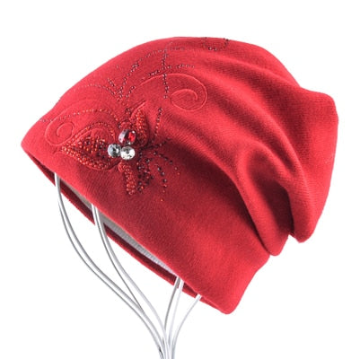 Women's Winter Knitted Wool Beanie Ladies Elegant Embroidery Jewelry Hats For Women Warm Knitting Skullies Beanies Female Bonnet