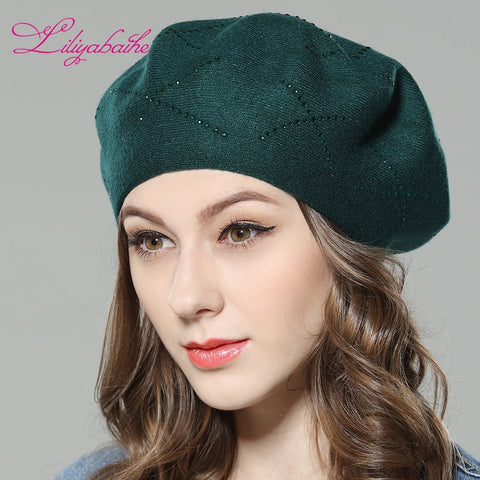 Liliyabaihe New women's winter hat Wool knit berets, caps with  Cross diamond decoration solid colors fashion lady hat