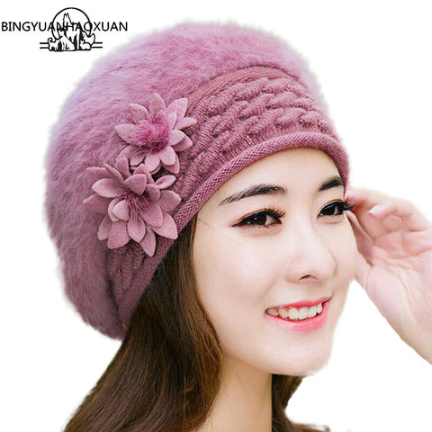 BINGYUANHAOXUAN Hot Sale Warm And Cute Princess Rabbit Hat Female Winter Knitted Beret Hat With Flower Women's Rabbit Fur Hat