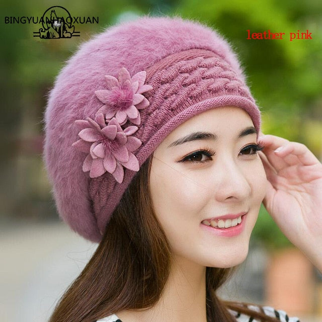 BINGYUANHAOXUAN Hot Sale Warm And Cute Princess Rabbit Hat Female Winter Knitted Beret Hat With Flower Women's Rabbit Fur Hat