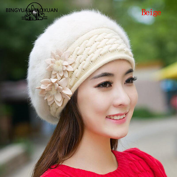 BINGYUANHAOXUAN Hot Sale Warm And Cute Princess Rabbit Hat Female Winter Knitted Beret Hat With Flower Women's Rabbit Fur Hat