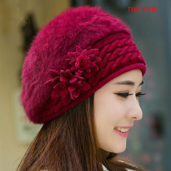 BINGYUANHAOXUAN Hot Sale Warm And Cute Princess Rabbit Hat Female Winter Knitted Beret Hat With Flower Women's Rabbit Fur Hat