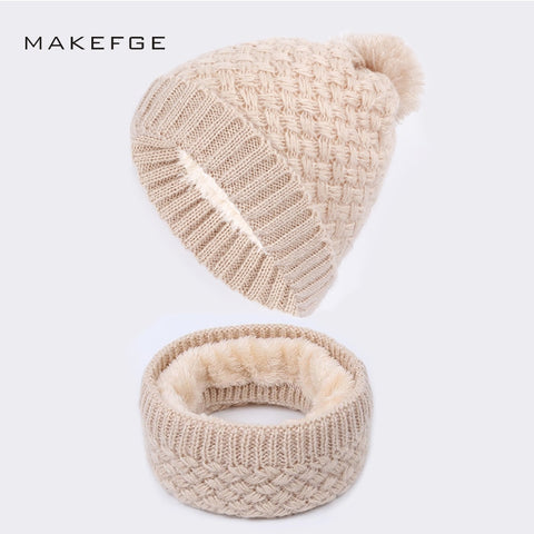 Women's knitted cotton hats autumn and winter new warm and comfortable ski caps scarf plus velvet thick solid color Beanie scarf