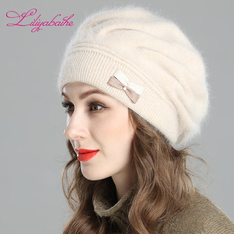 Liliyabaihe New style women's winter beret knitted wool angora beret Decoration Two-color butterfly double warm Hat