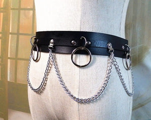 2018 New Punk Gothic Faux Leather Belt Metal Chain Ring Waist Strap Street Dance Decor