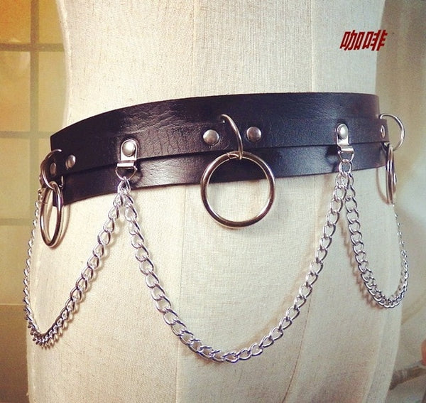 2018 New Punk Gothic Faux Leather Belt Metal Chain Ring Waist Strap Street Dance Decor