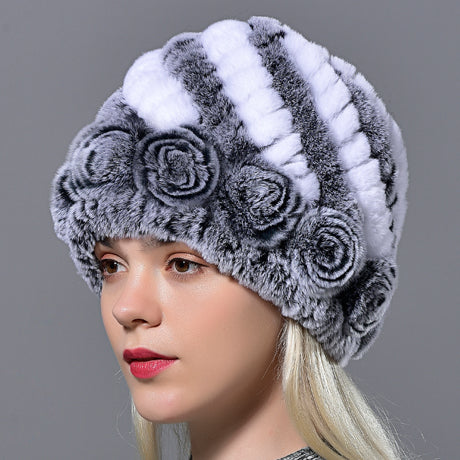 Raglaido Women's Hat Winter Real Rabbit Fur Hats floral solid skulls beanies hand knitting female snow capshat for girl LQ11282