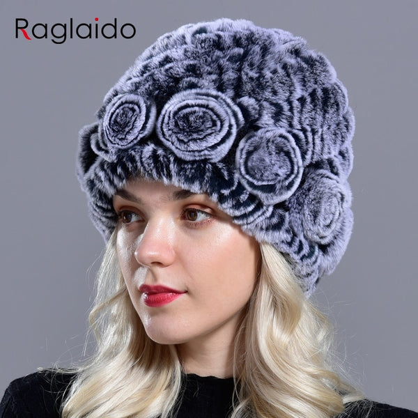 Raglaido Women's Hat Winter Real Rabbit Fur Hats floral solid skulls beanies hand knitting female snow capshat for girl LQ11282