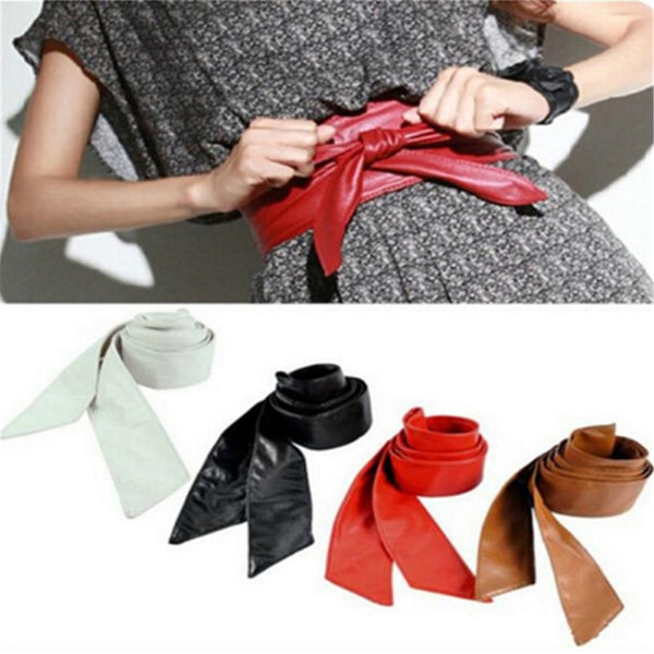 Hot Women Leather Soft Self Tie Bowknot Band Wrap Around Sash Belt Plus Size Leather Self Tie Bowknot Band Wrap Around Sash Belt