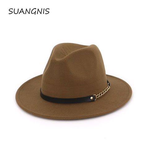 new Fashion men fedoras women's fashion jazz hat summer spring black woolen blend cap outdoor casual hat belt with metal buckle